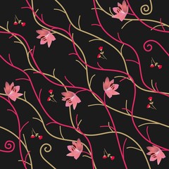 Seamless natural ornament with abstract branches, pink lily flowers and red buds on black background in vector. Print for fabric.