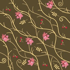 Seamless natural pattern with pink lilies, yellow autumn leaves , little red flowers and abstract branches on dark green background in vector. Print for fabric.