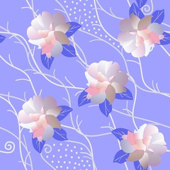 Seamless floral pattern with white rose flowers and abstract branches on gentle lilac background in vector. Print for faric.