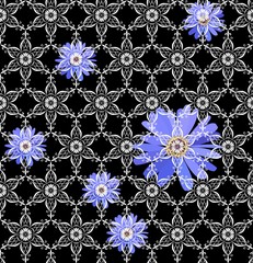 Seamless vector pattern with blue flowers under white lace ornament on black background. Print for fabric.