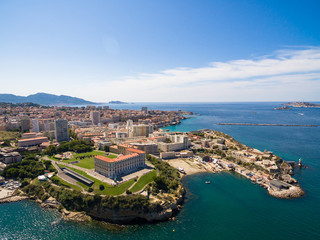 Fototapeta premium Aerial view of Marseille pier - Vieux Port, Saint Jean castle, and mucem in south of France