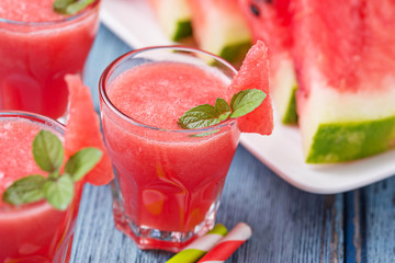 Glasses of watermelon smoothie with mint