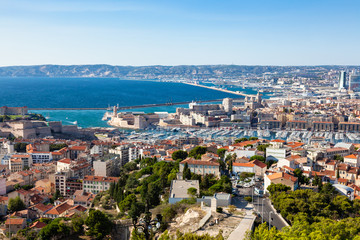 Fototapeta na wymiar Aerial view of Marseille pier - Vieux Port, Saint Jean castle, and mucem in south of France
