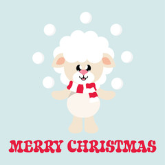 cartoon cute sheep white with scarf and snowball and christmas text