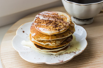 Protein pancakes with rice flour on a white plate. Useful baking.