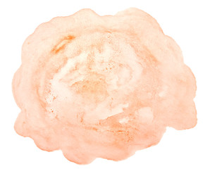 Light orange watercolor hand-drawn isolated wash stain on white background for text, design. Abstract texture made by brush for wallpaper, label.