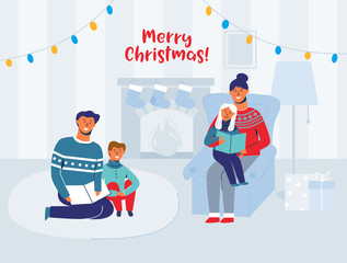 Parents Reading Books with Children on Christmas Eve at Home. Winter Holidays Happy Characters near Fireplace. Father Read Book for Son. Vector illustration