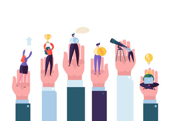 Business People in the Big Hands Reaching the Goal. Helping Hand Assistance and Support Concept. Successful Business Characters. Vector illustration