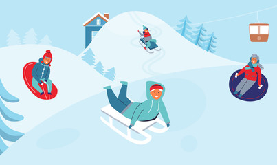 Girls and Boys Sledding on Ski Resort. Children Characters Having Fun on Winter Holidays. Happy People Playing Outdoors in the Snow. Vector illustration