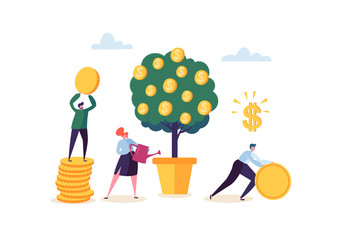 Business Woman Watering a Money Plant. Characters Collecting Golden Coins from Money Tree. Financial Pofit, Investment, Banking, Income Concept. Vector illustration