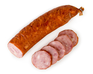 Sausage cut into pieces on a white. The view from the top.
