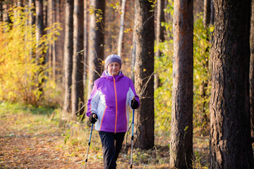 A woman over the age of 65 is engaged in Nordic walking in the fresh air.