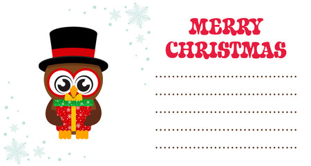 winter cartoon cute owl in hat with christmas gift on the christmas card