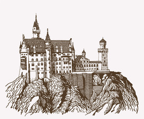 Graphical vintage neuschwanstein castle isolated , Germany,retro medieval fortress illustration - obrazy, fototapety, plakaty