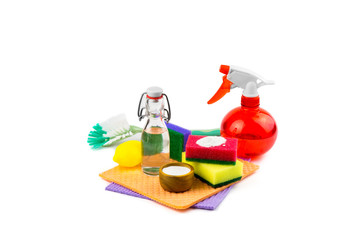 Nature and eco friendly homemade natural cleaners baking soda, white vinegar in vintage bottle,...