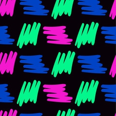 Seamless pattern of pink, green and blue strokes on a black background