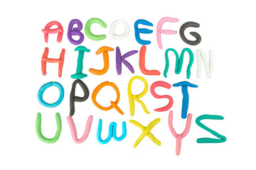 plasticine. clay. alphabet. text. color ful. child make. isolated on white background