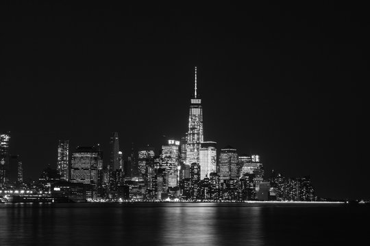 Lower Manhattan Skyline at Night from Hoboken in Black and White - Freedom Tower Pictured