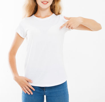 cropped portrait sexy woman in white tshirt isolated on white background, mock up for desigh