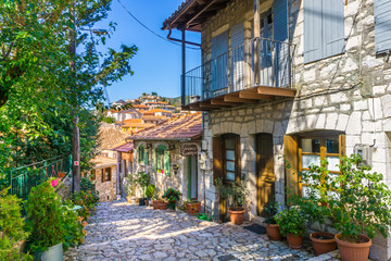 Street view of Dimitsana village, a popular winter destination in mountainous Arcadia in...