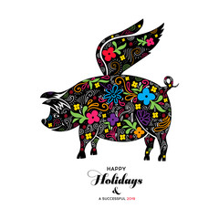 Chinese Zodiac Sign Year of Pig, Red paper cut pig, Happy Chinese New Year 2019 year of the pig