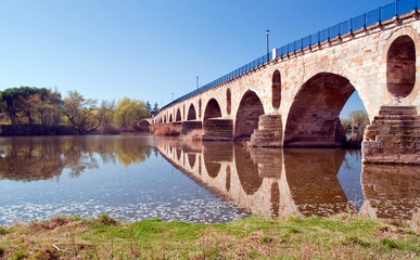 Roman bridge in the Spanish city of Zamora with reflections in the river