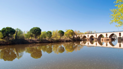 Roman bridge in the Spanish city of Zamora with reflections in the river