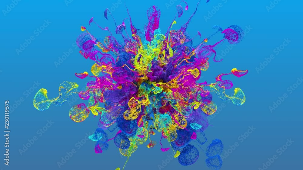 Poster 3d render background with abstract particles. turbulences and curled multicolored particles. complex