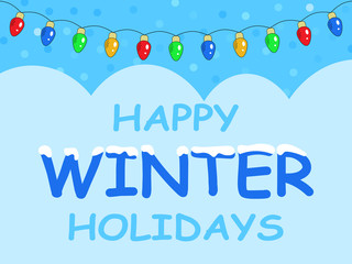 winter fun background with garlands and congratulations on the winter holidays. cartoon-style. vector illustration.