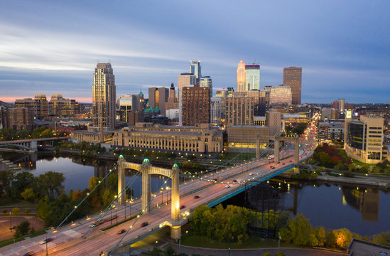 Minneapolis Skyline & Hennepin Bridge At Sunrise