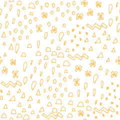 Hand drawn abstract seamless pattern with different shapes: triangle, drop, dot, zigzag. Geometric background in Memphis style. Vector illustration.