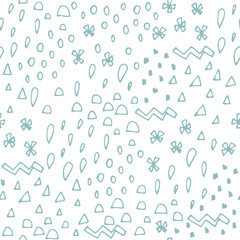 Hand drawn abstract seamless pattern with different shapes: triangle, drop, dot, zigzag. Geometric background in Memphis style. Vector illustration.