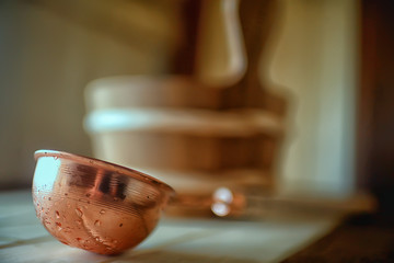 sauna accessories / spa concept, sauna relaxation, hot sauna accessories, steam, bucket, heat