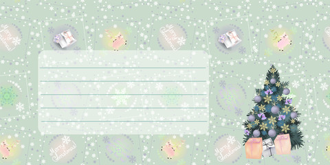 Christmas card with a Christmas tree on the background of a light pattern with a block for greeting. Blue shade. Horizontal.