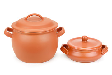 Two clay pots with lids isolated on white