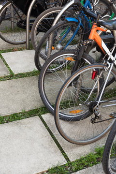 Chaotic Bicycle/bike Parking In A City - Transport, Public Transport - Stolen Bikes, Old Bikes, Bike Theft - Copy Space