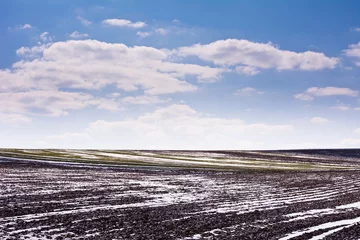 Fototapeten Frühling A plowed field covered with snow in early spring on a clear day.  © IreneuszB