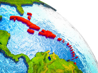 Caribbean Highlighted on 3D Earth model with water and visible country borders.