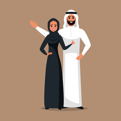 Design with Cartoon Characters business Moslem people in traditional clothing vector illustration. Arabian Business team of man and woman. Vector illustration