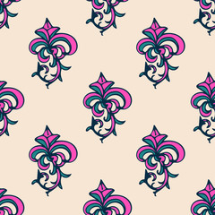 Cute damask, fleur de lis abstract seamless pattern with hand drawn decoration.  Vector illustration. © _aine_