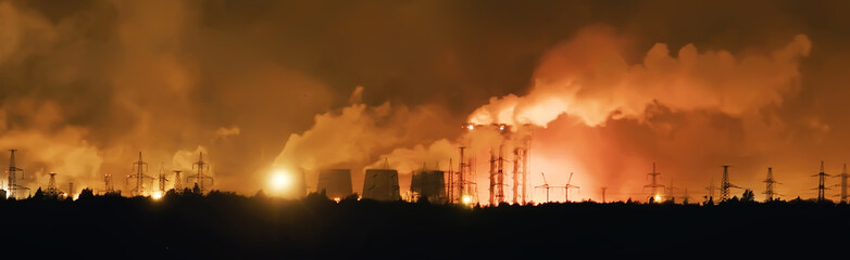 landscape night smoke pipe industry / factory landscape horizontal, concept pollution, smoke,...