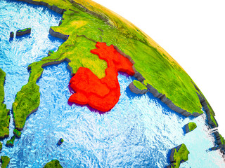 Indochina Highlighted on 3D Earth model with water and visible country borders.
