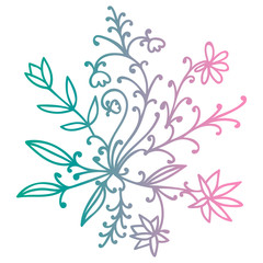 Fototapeta na wymiar Icon thin line doodle floral round element with flowers, branches and leaves isolated on white background. Vector illustration.