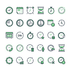 Set of time related vector line icons. Time and clock icons, flat design. Filled outline time icon