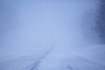 Fototapeta na wymiar snow and fog on the winter road landscape / view of the seasonal weather a dangerous road, a winter lonely landscape