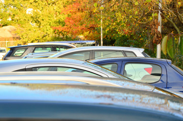 Dachy samochodów na parkingu w jesienny dzień. - obrazy, fototapety, plakaty