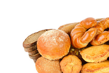 Bread and bakery products isolated on white background. Free space for text.