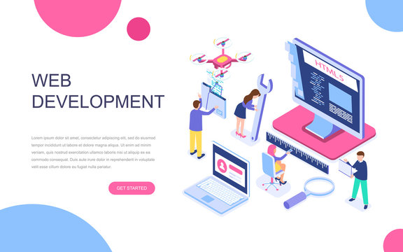 Modern flat design isometric concept of Web Development for banner and website. Isometric landing page template. Developer coding software and programming web site. Vector illustration.