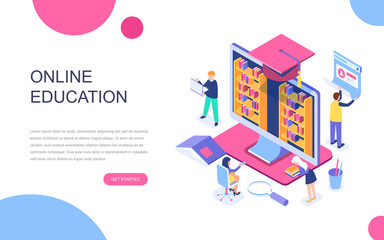 Fototapeta na wymiar Modern flat design isometric concept of Online Education for banner and website. Isometric landing page template. Online training courses, specialization, university studies. Vector illustration.