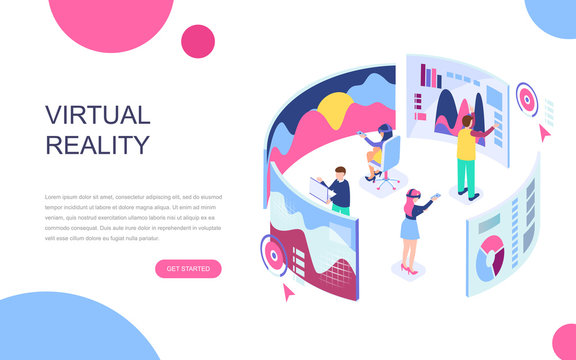 Modern flat design isometric concept of Virtual Augmented Reality for banner and website. Isometric landing page template. People wearing headset with touching vr interface. Vector illustration.